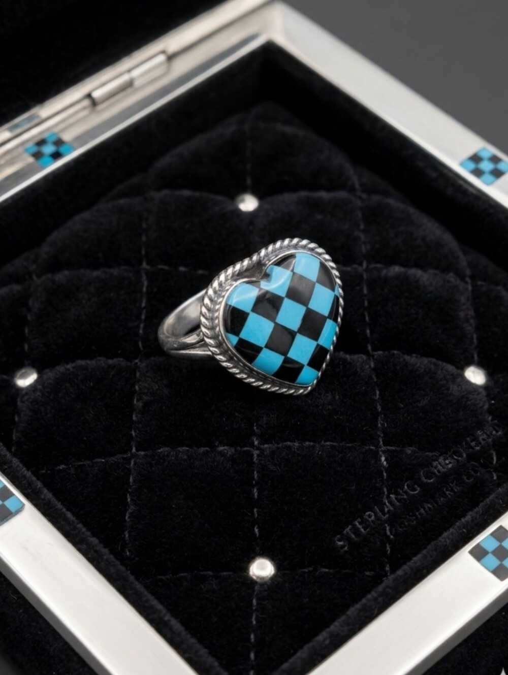NWT Sterling Silver Kingman Turquoise & Onyx Checkerboard Heart Ring 7.5